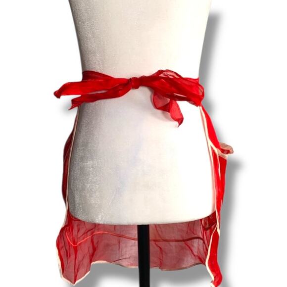 Vintage 1950s Red Sheer Half Apron White Lace Trim Tie Back Retro Housewife - Picture 6 of 13
